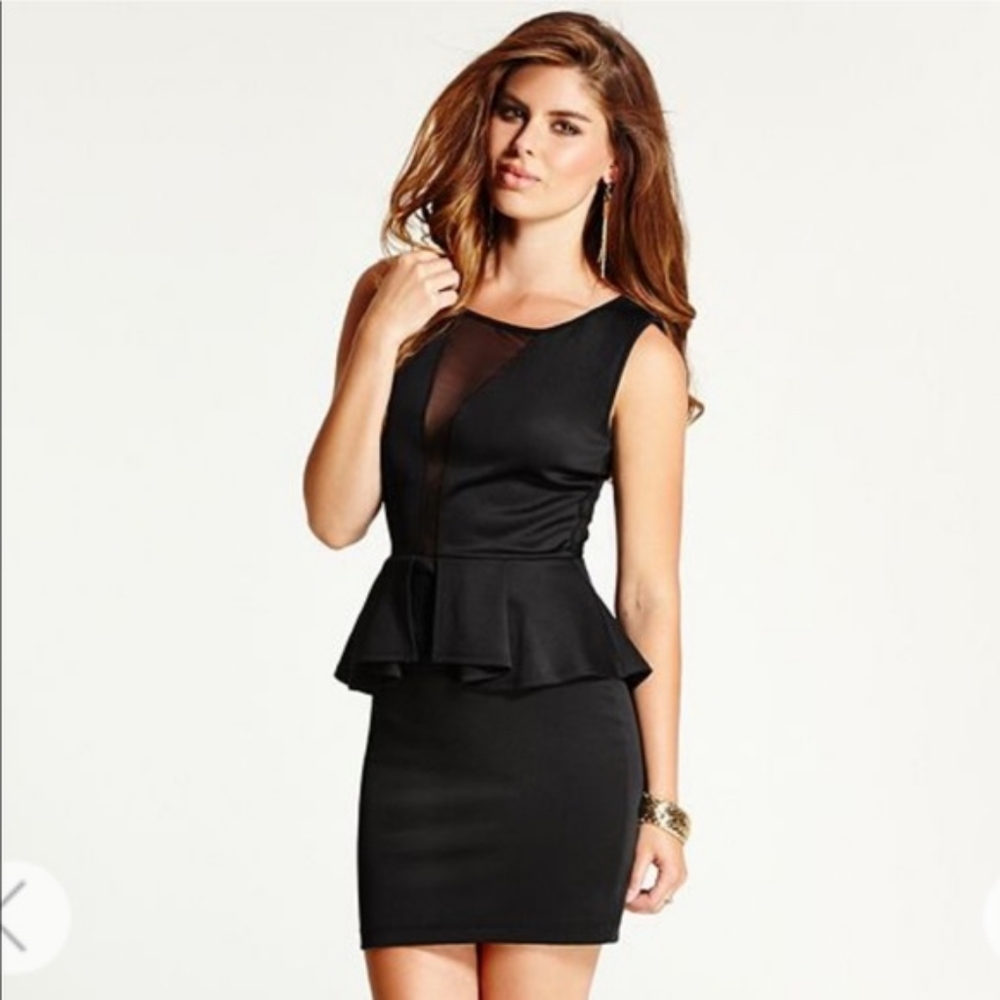 Guess Women's Peplum See Through Mesh Mini Black Dress, Size- XS